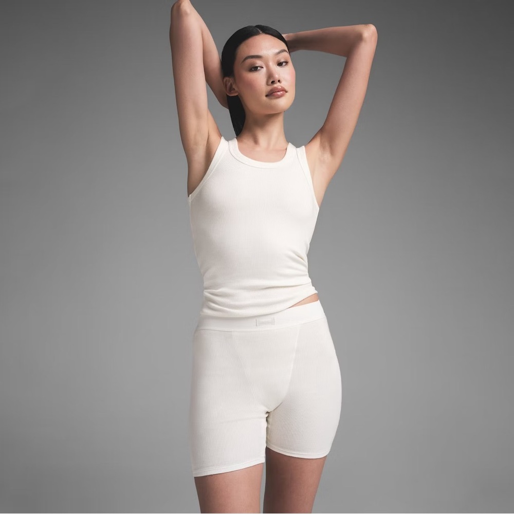 SKIMS Ivory cotton ribbed boxer and tank sleep set